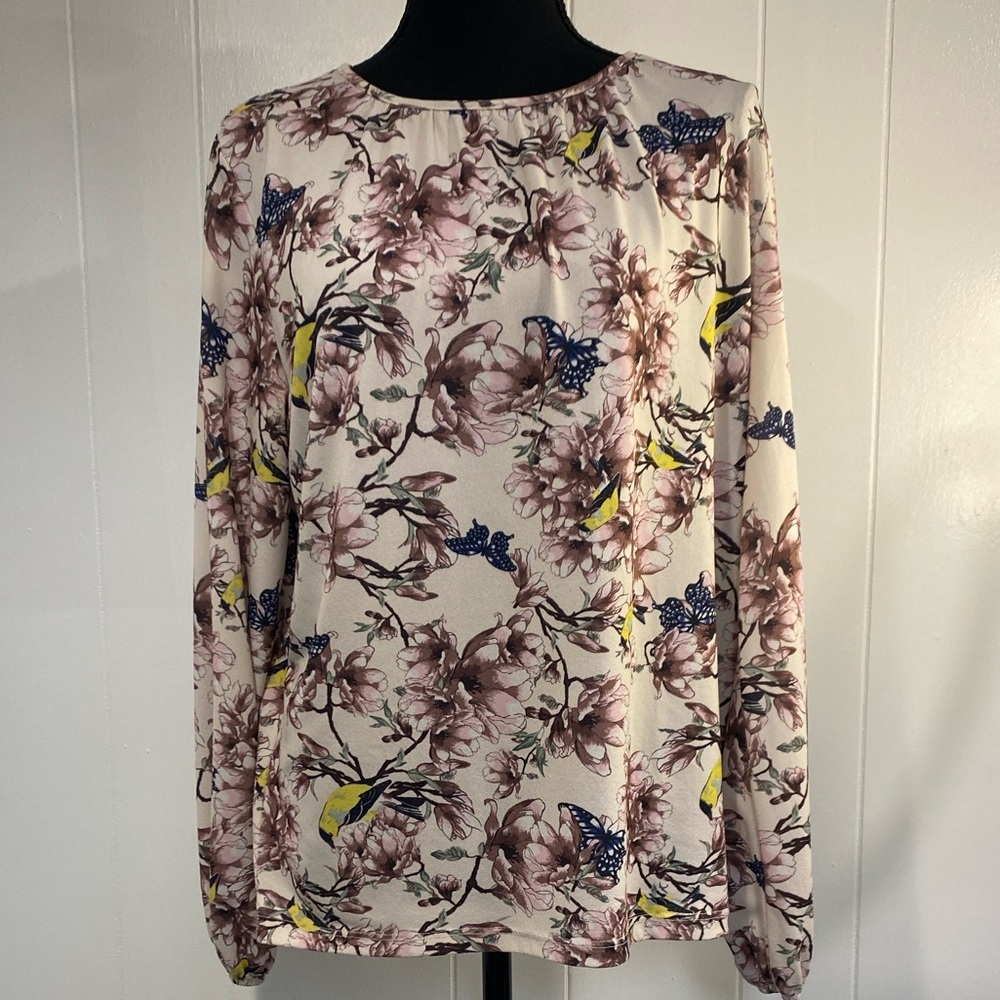 Floral Bird Butterfly Blouse | Novelty Print Long Sleeve | Cream Boho Top Small